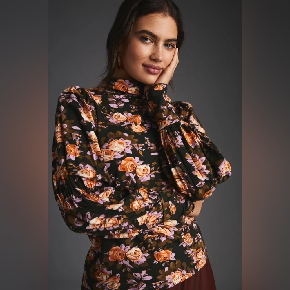 Anthropologie Black Floral Blouse Turtleneck  Puff Sleeves Boho Preppy NWT XXS